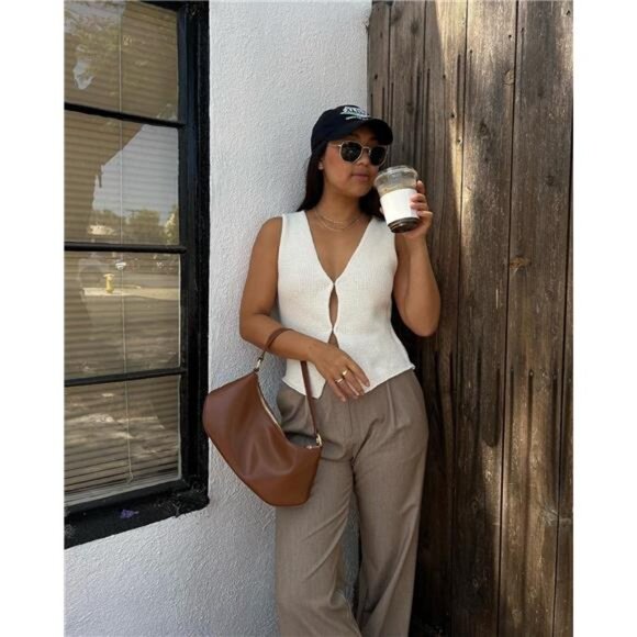 Crochet Knit V-Neck Tank Top – Sleeveless Button Down Vest Shirt - Picture 4 of 5